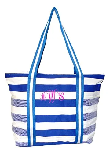 100% Cotton Stripe X-Large Beach Bag (Blue - Embroidered Monogram)