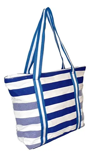 100% Cotton Stripe X-Large Beach Bag (Blue - Embroidered Monogram)