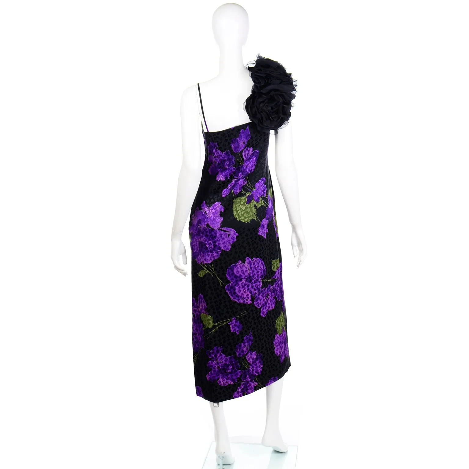 1970s Galanos Purple Floral Silk Evening Dress w Black Flower