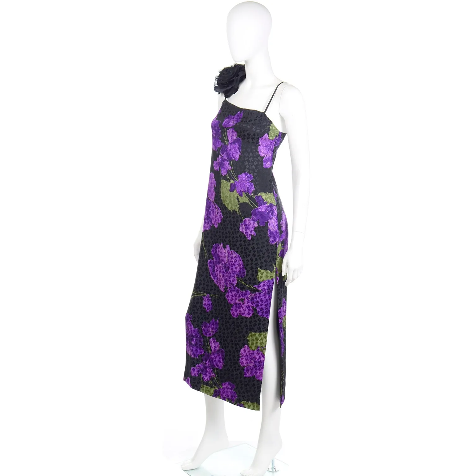 1970s Galanos Purple Floral Silk Evening Dress w Black Flower