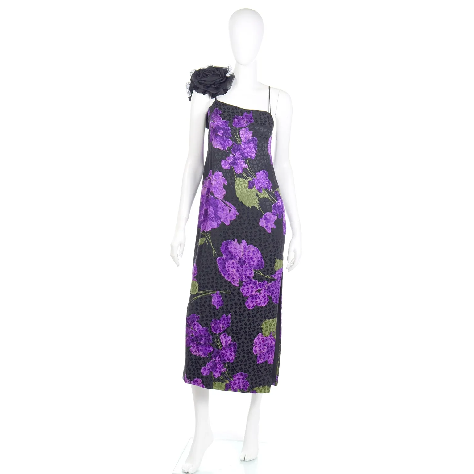 1970s Galanos Purple Floral Silk Evening Dress w Black Flower