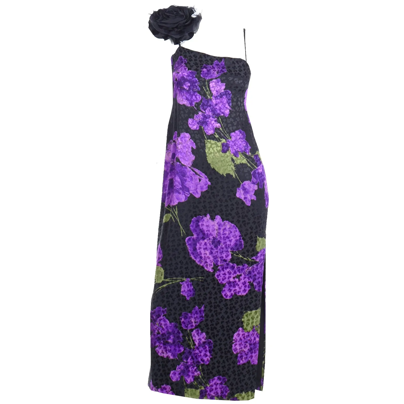 1970s Galanos Purple Floral Silk Evening Dress w Black Flower