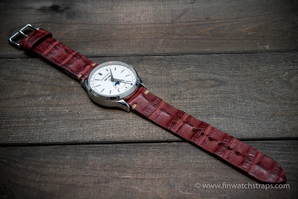 Alligator watch strap Burgundy, handmade in Finland