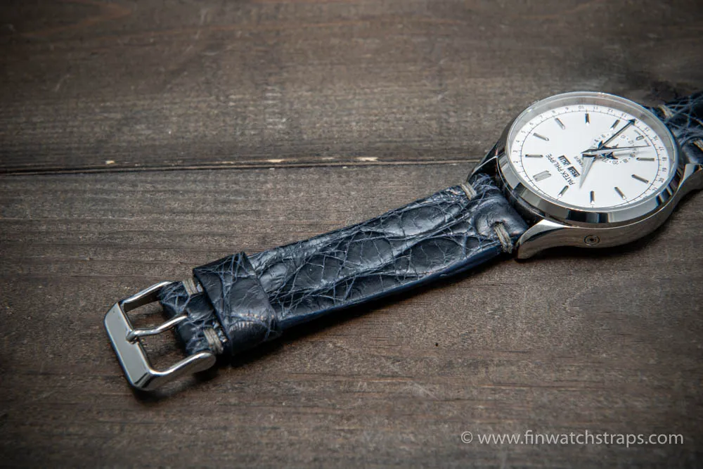 Alligator watch strap, navy blue, handmade in Finland