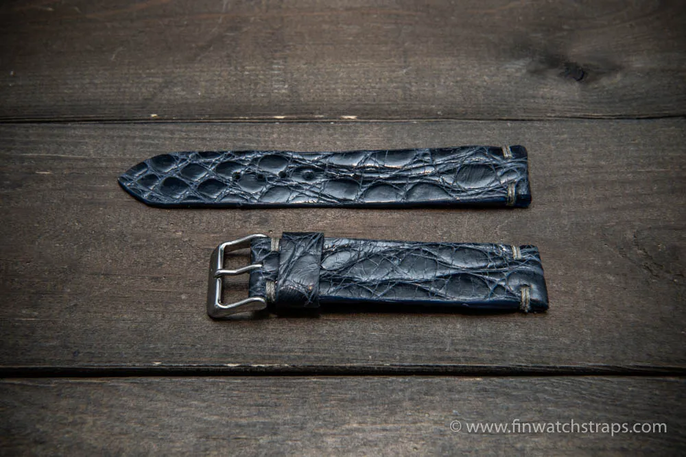 Alligator watch strap, navy blue, handmade in Finland