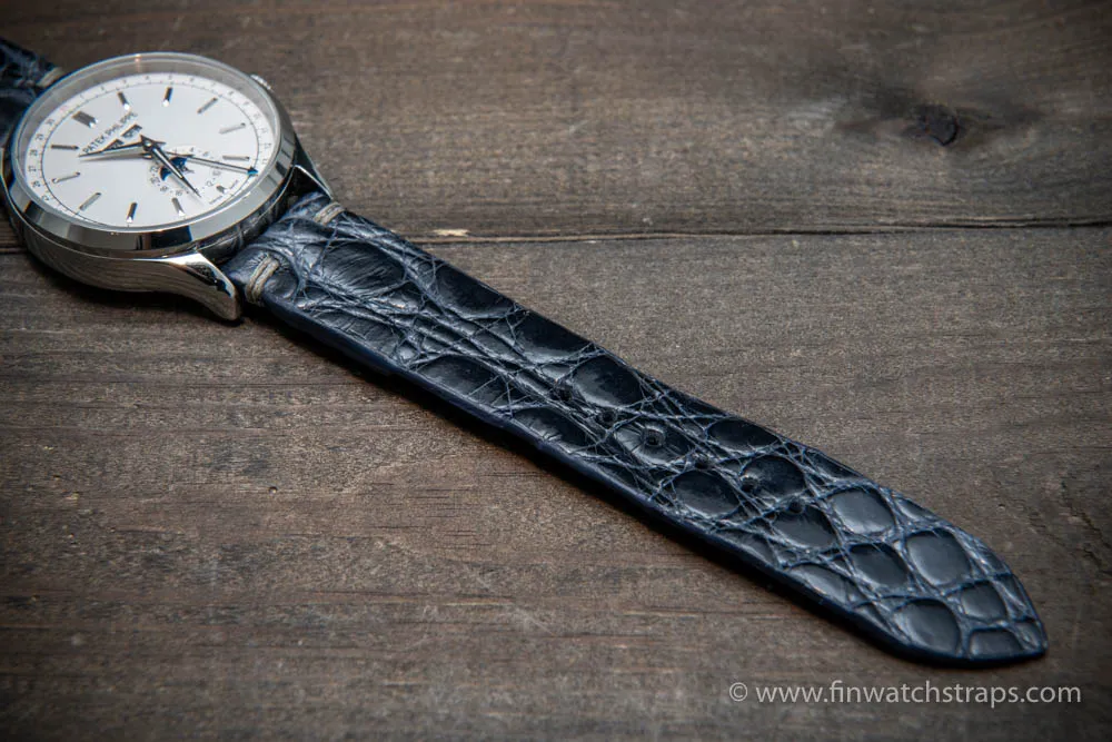 Alligator watch strap, navy blue, handmade in Finland