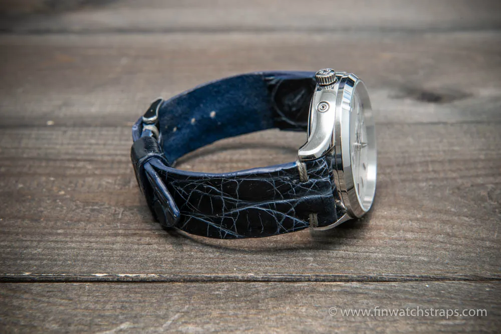 Alligator watch strap, navy blue, handmade in Finland