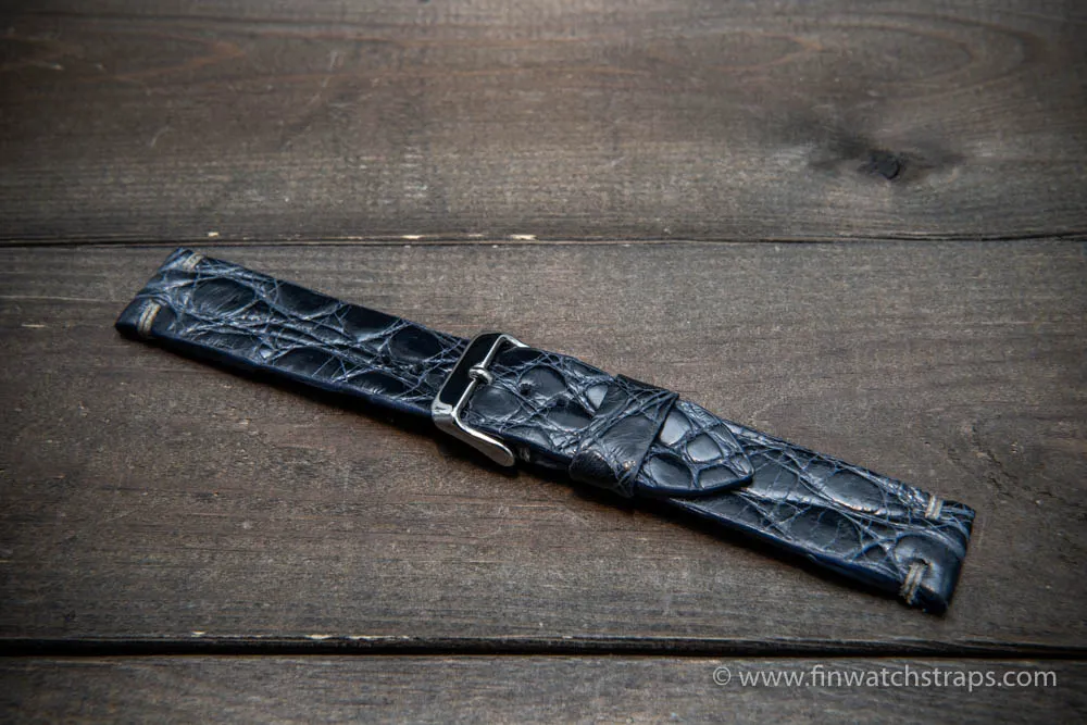 Alligator watch strap, navy blue, handmade in Finland