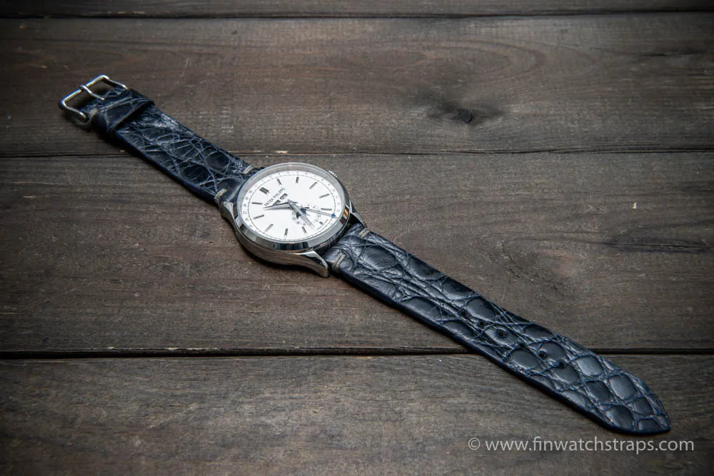 Alligator watch strap, navy blue, handmade in Finland