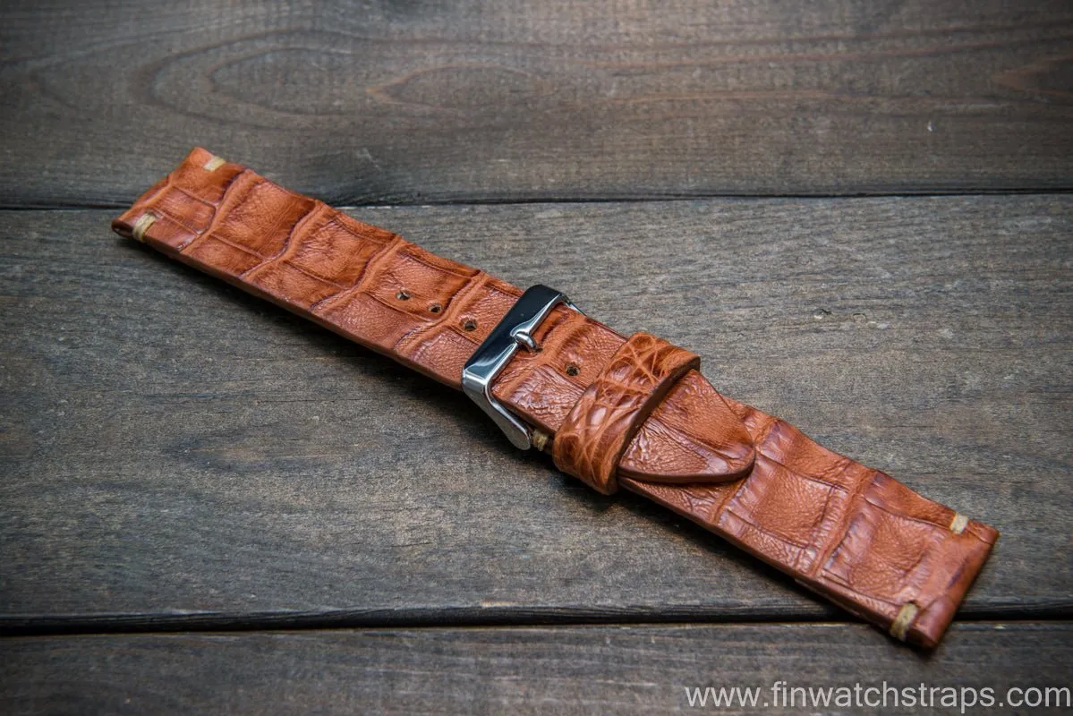 Alligator watch strap, Vintage Cognac,  handmade in Finland