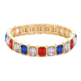 American USA Flag Emerald Cut Stone Stretch Evening Bracelet