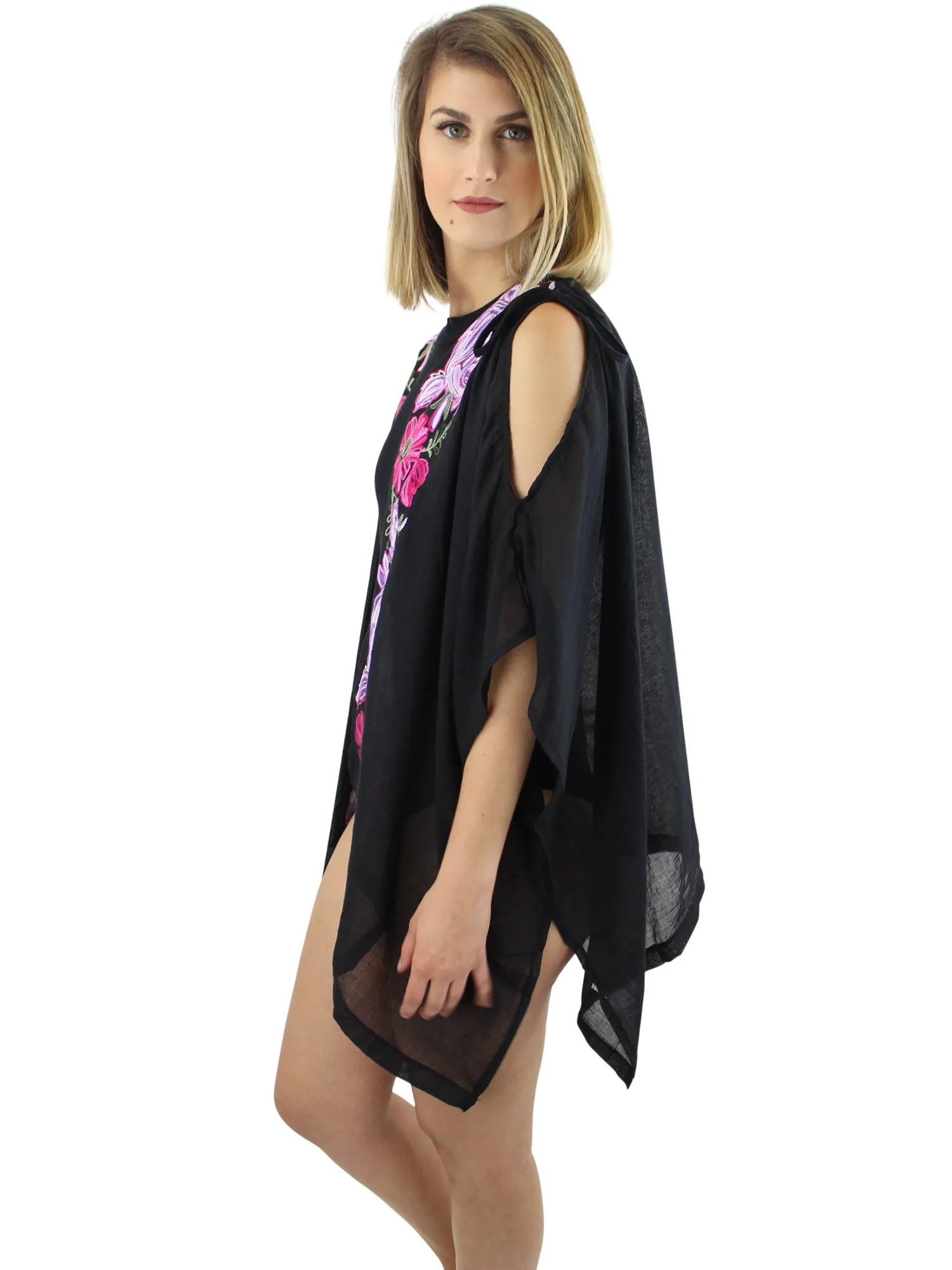 Black Cold Shoulder Floral Embroidered Kimono Cover Up Top