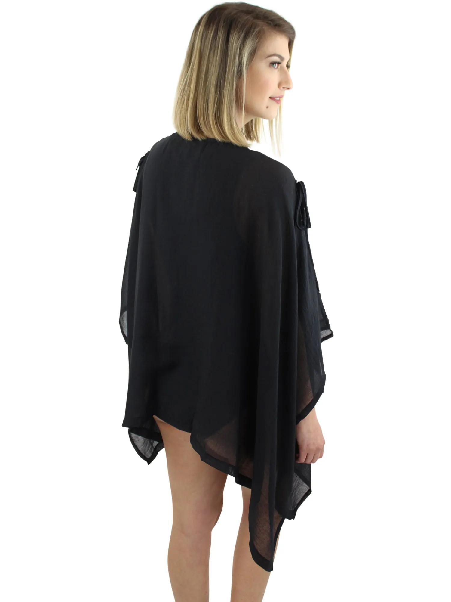 Black Cold Shoulder Floral Embroidered Kimono Cover Up Top