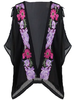 Black Cold Shoulder Floral Embroidered Kimono Cover Up Top