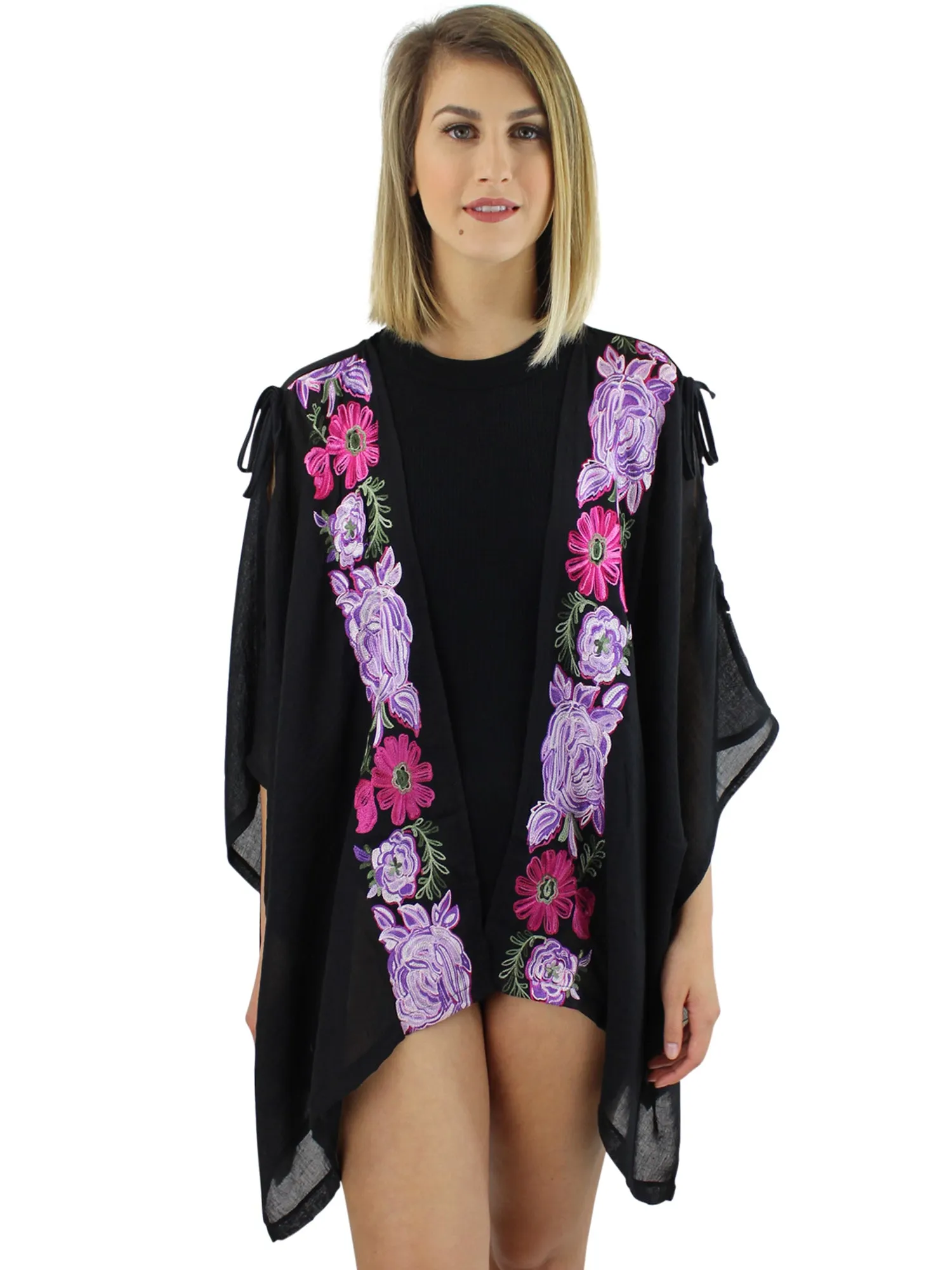 Black Cold Shoulder Floral Embroidered Kimono Cover Up Top