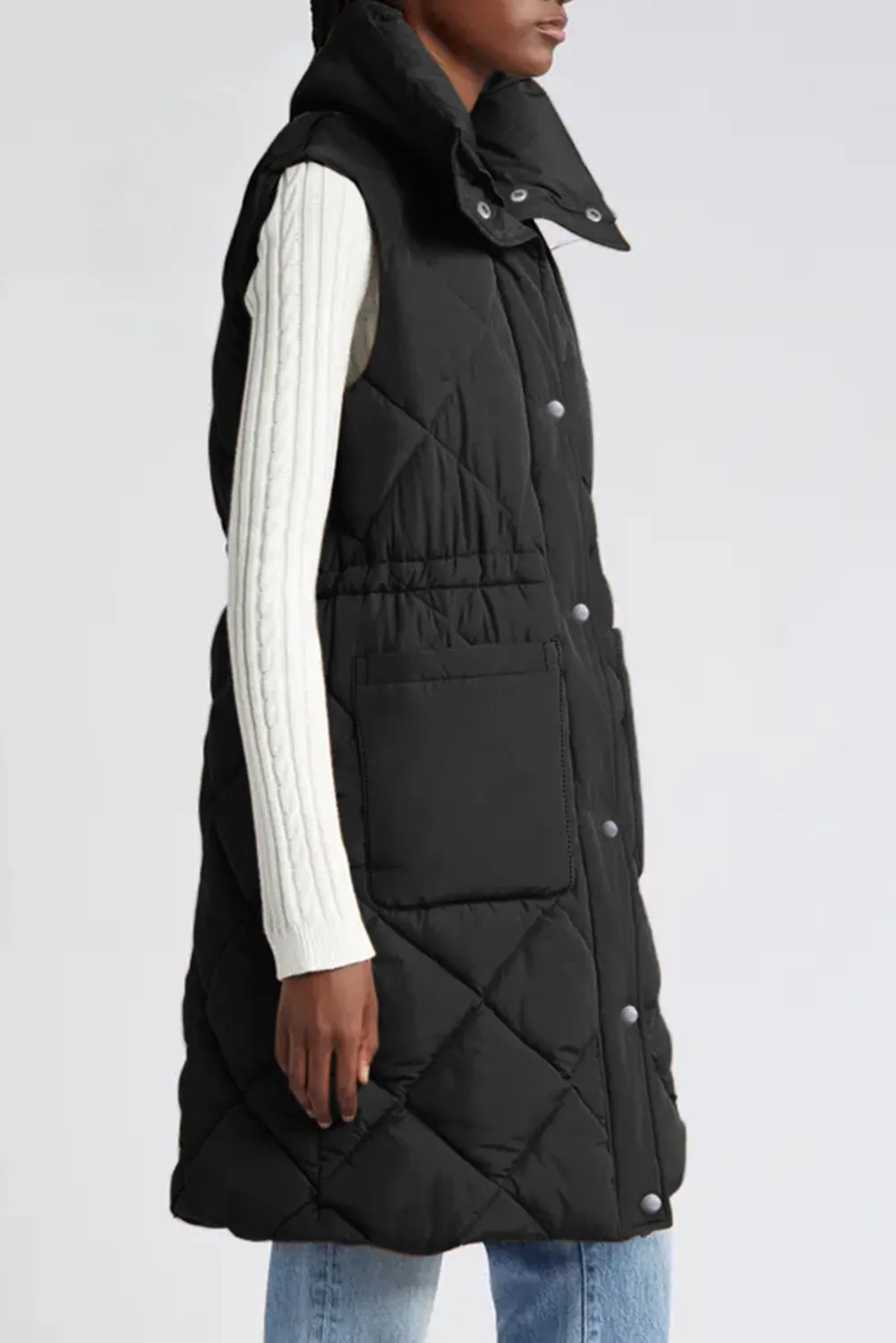 Black Longline Quilted Stand Collar Puffer Vest