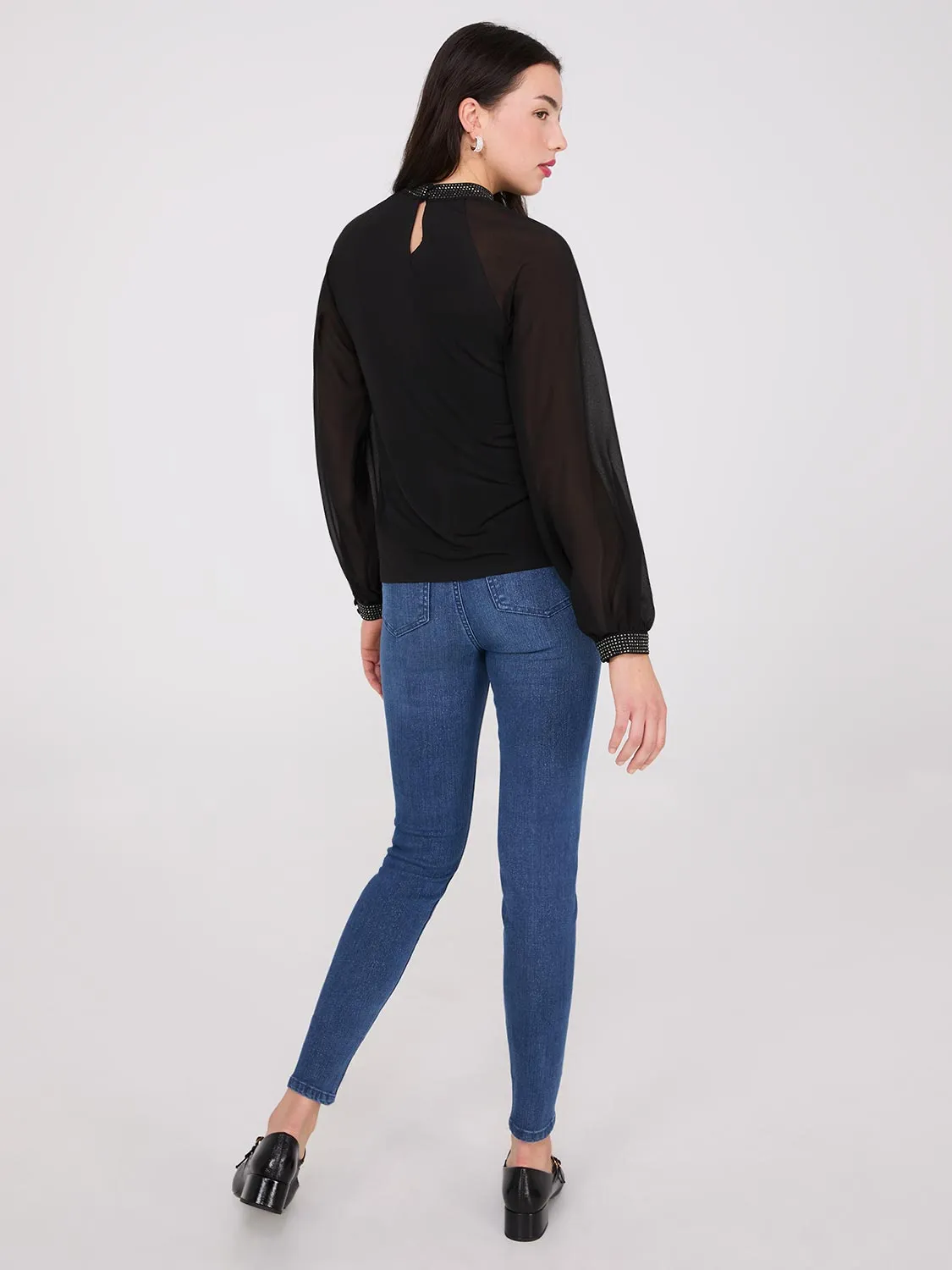 Chiffon Sleeve Mock Neck Top With Rhinestones