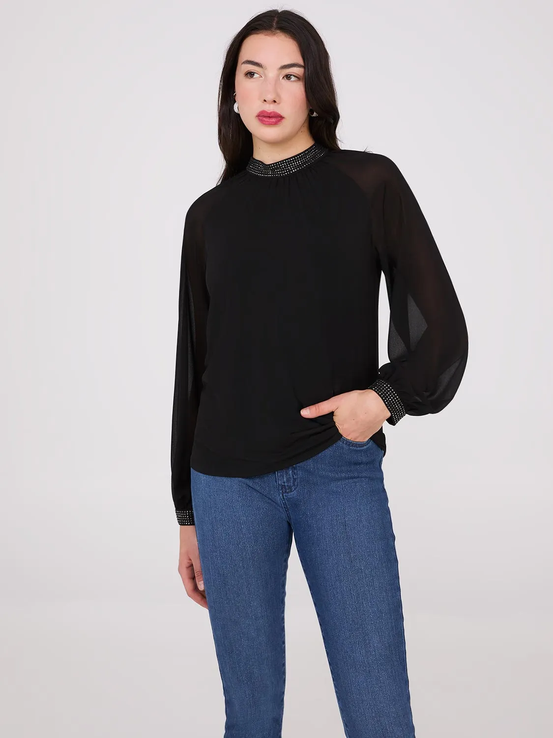 Chiffon Sleeve Mock Neck Top With Rhinestones