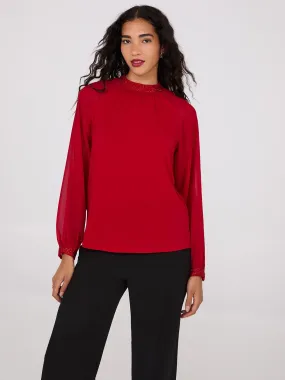 Chiffon Sleeve Mock Neck Top With Rhinestones