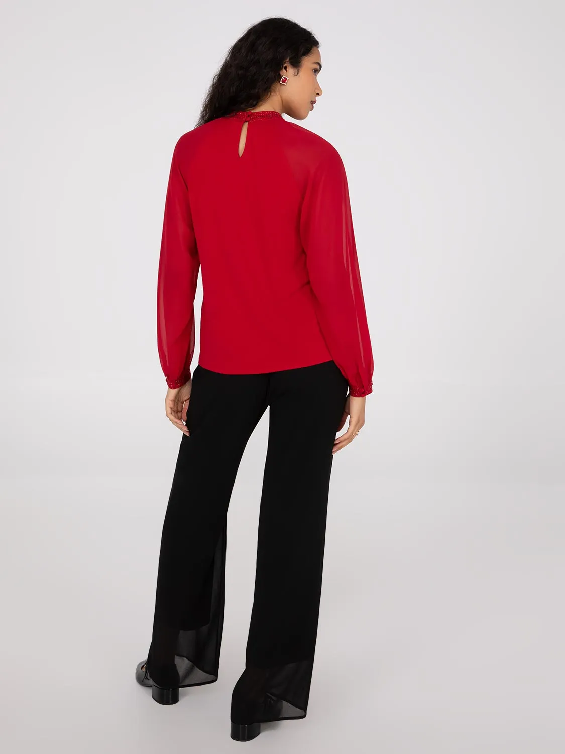 Chiffon Sleeve Mock Neck Top With Rhinestones