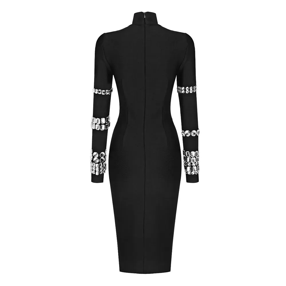 DressBetty - 2024 Luxurious Long Sleeve Diamond Black Evening Bodycon Dress