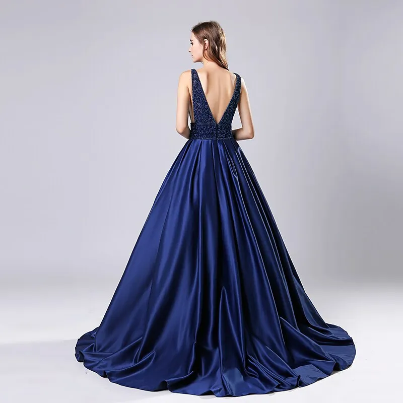 Elegant Deep V Neck Sleeveless Beaded A Line Floor Length Sweep Train Evening Gown