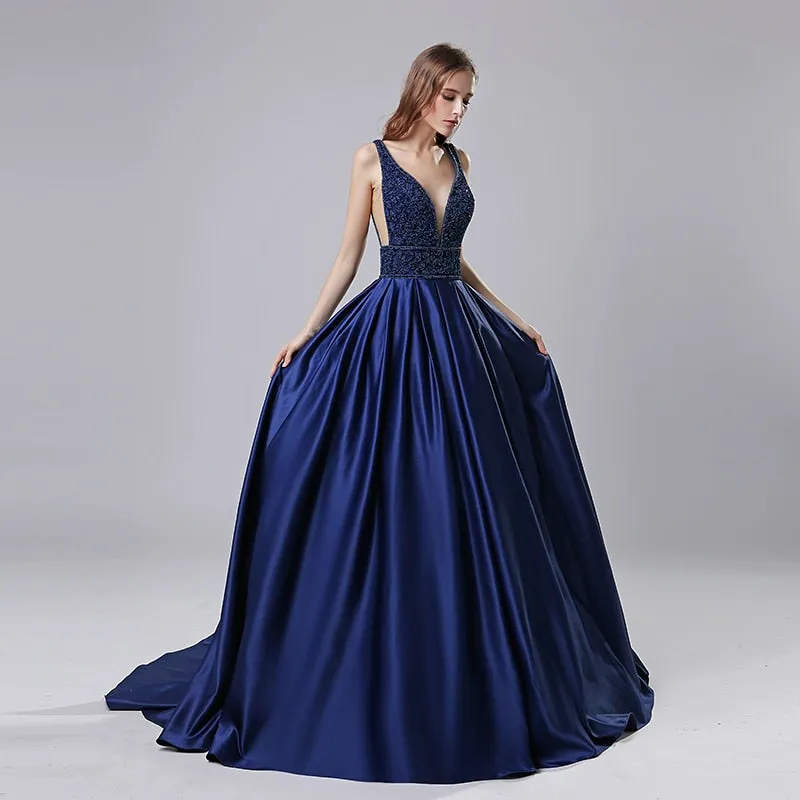 Elegant Deep V Neck Sleeveless Beaded A Line Floor Length Sweep Train Evening Gown