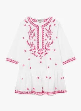 Embroidered Kaftan in White/Fuchsia