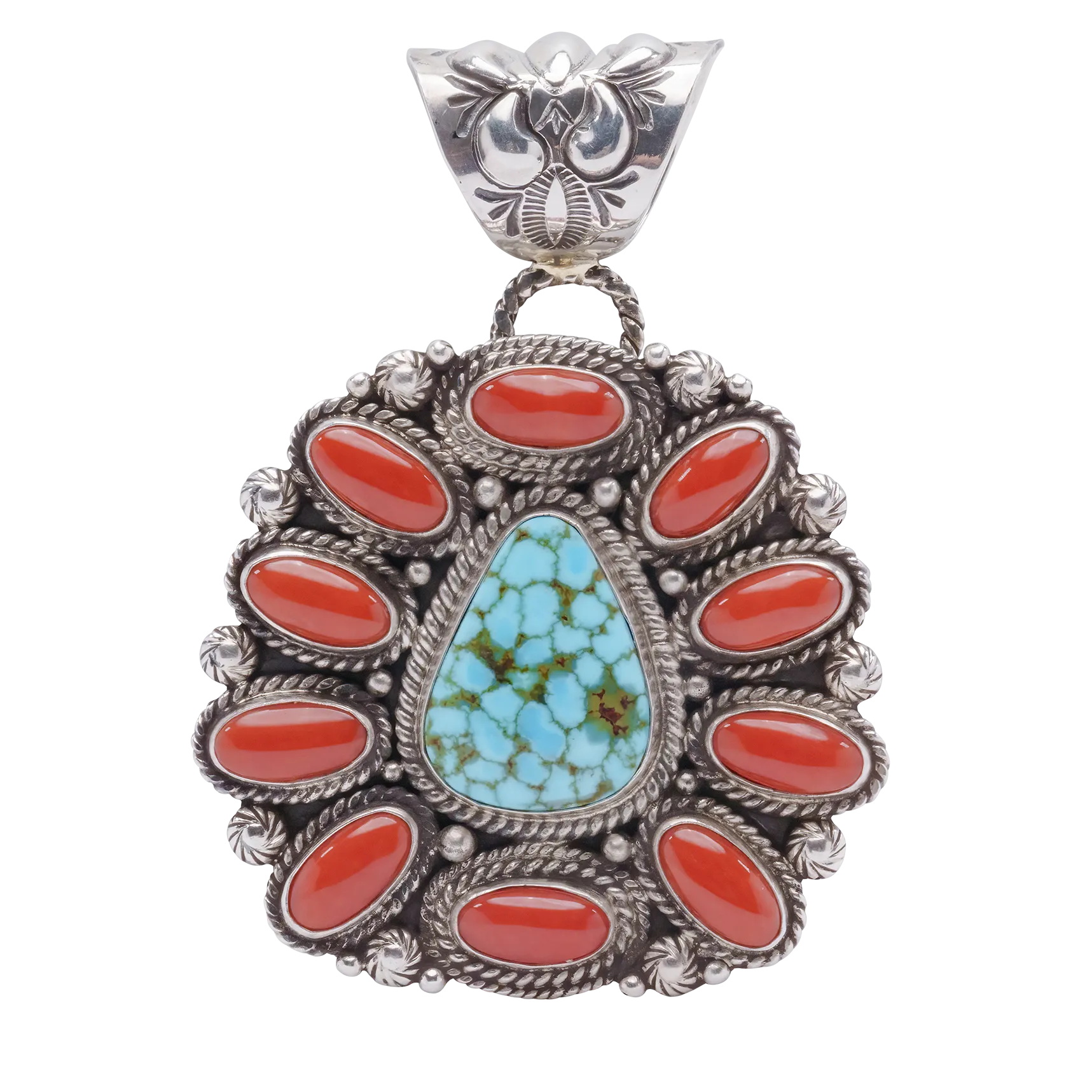 Handstamped Sterling Silver Cluster Pendant with Coral & Kingman Turquoise | Tyler Brown