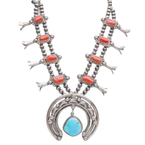 Kingman Turquoise & Coral Squash Blossom Necklace | Artisan Handmade