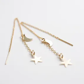 Moon and Star Celestial Drop Threader Earrings - Choose Your Metal