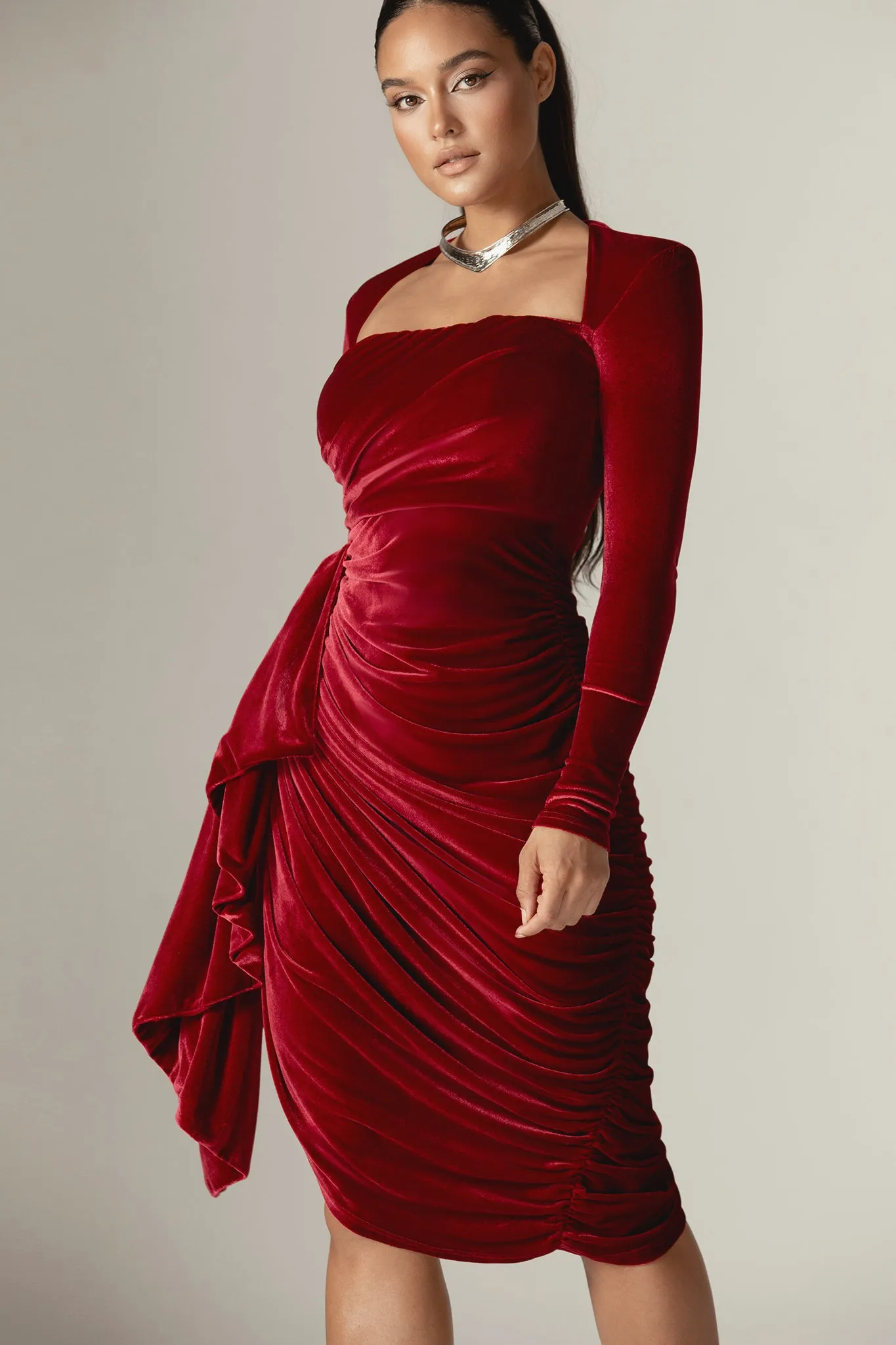 Narin Draped Midi Dress (Maroon)