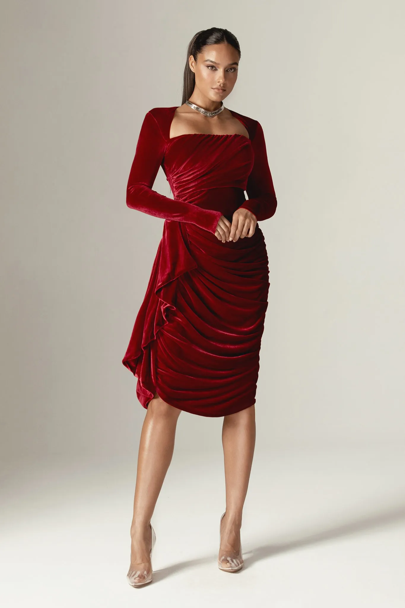 Narin Draped Midi Dress (Maroon)