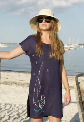 Navy Linen Beach Cover-Up with Sailboat Embroidery