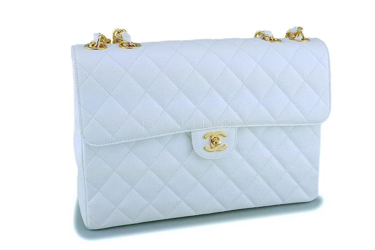 *rare* Chanel White Caviar Jumbo Classic Flap Bag 24k GHW