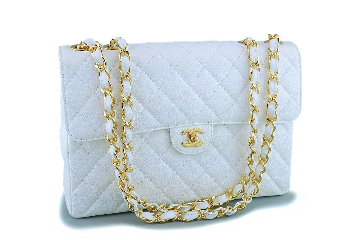 *rare* Chanel White Caviar Jumbo Classic Flap Bag 24k GHW