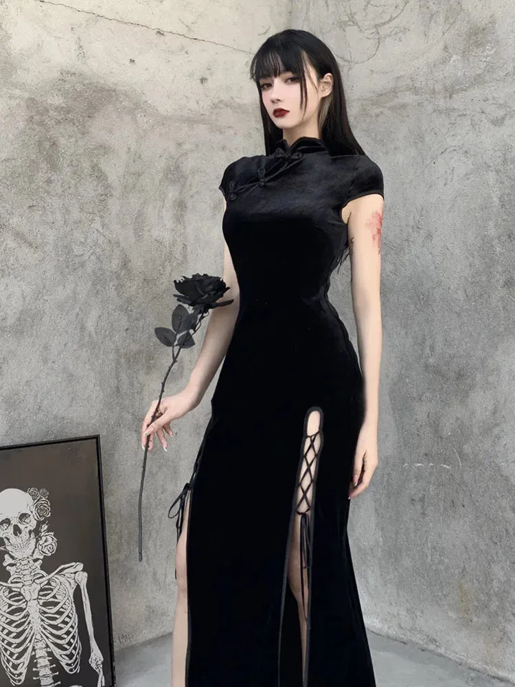 Romantic Gothic Aesthetic Vintage Black Sexy Evening Cheongsam Midi Dresses