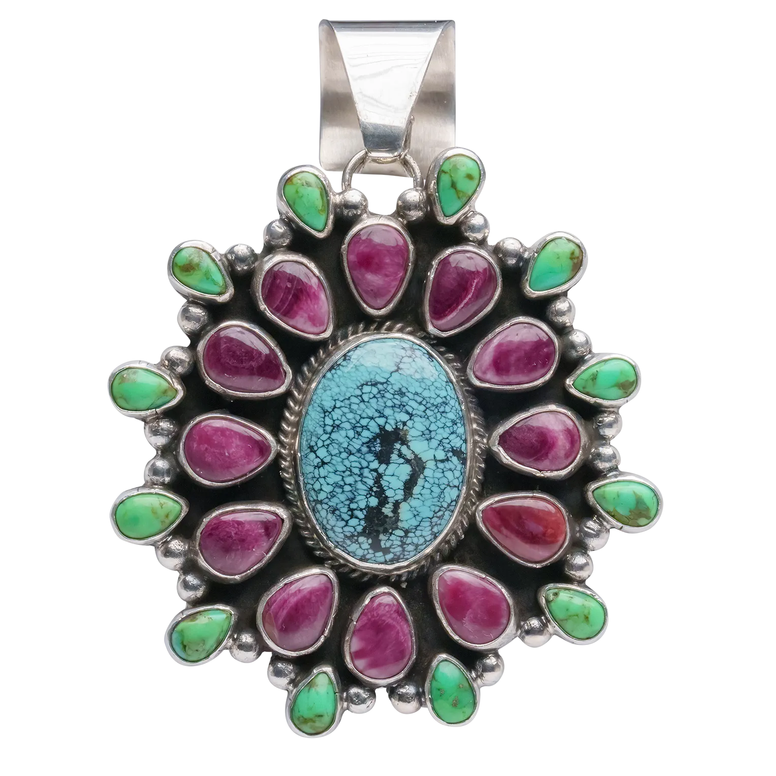 Spiderweb Kingman Turquoise Pendant with Gaspeite & Spiny Oyster Shell | Linda Yazzie