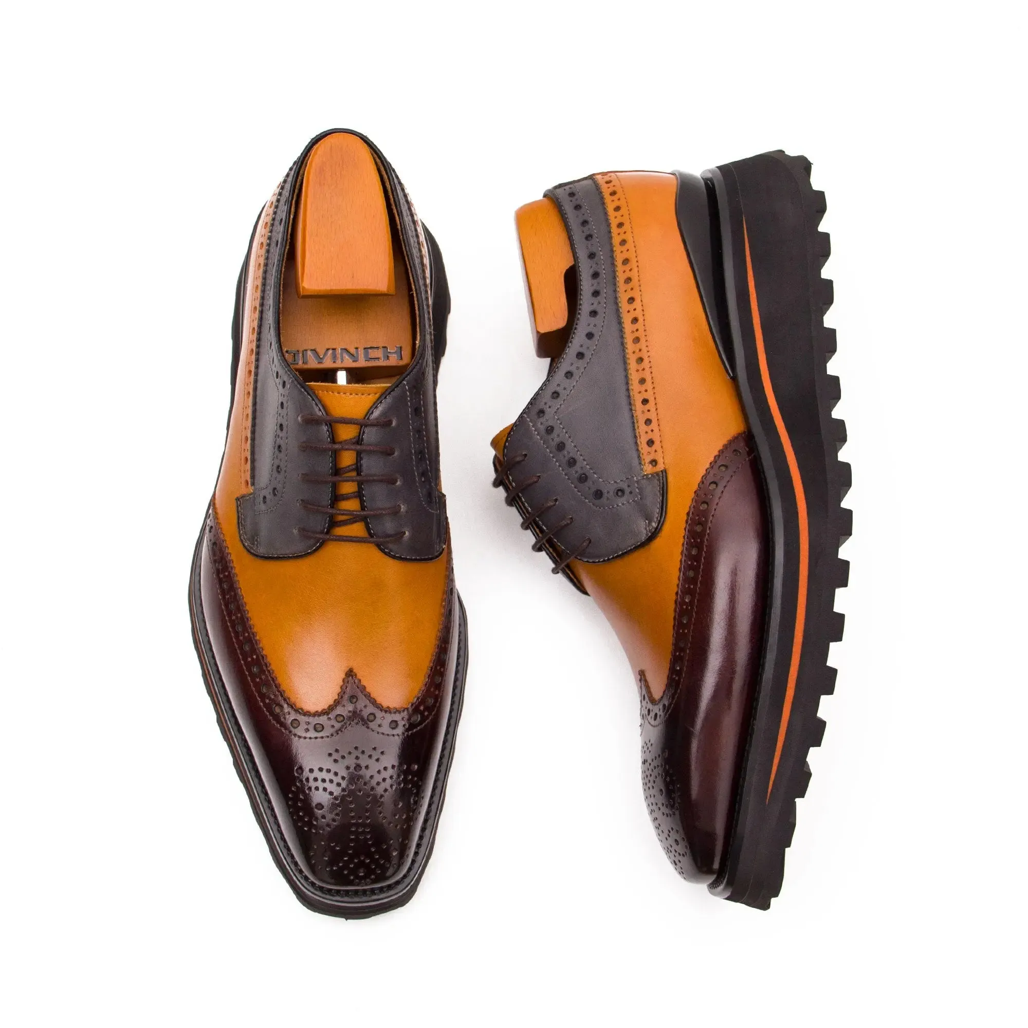 Thick-soled calfskin formal brogue derby shoes